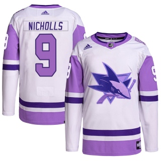 Men's Bernie Nicholls San Jose Sharks Adidas Hockey Fights Cancer Primegreen Jersey - Authentic White/Purple