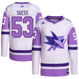 Men's CJ Suess San Jose Sharks Adidas Hockey Fights Cancer Primegreen Jersey - Authentic White/Purple
