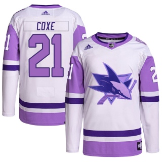 Men's Craig Coxe San Jose Sharks Adidas Hockey Fights Cancer Primegreen Jersey - Authentic White/Purple