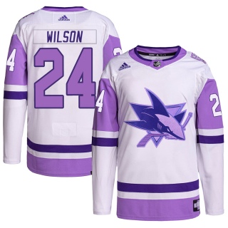 Men's Doug Wilson San Jose Sharks Adidas Hockey Fights Cancer Primegreen Jersey - Authentic White/Purple