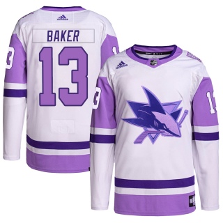 Men's Jamie Baker San Jose Sharks Adidas Hockey Fights Cancer Primegreen Jersey - Authentic White/Purple