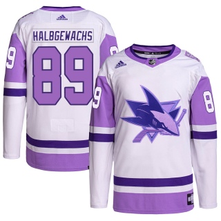 Men's Jayden Halbgewachs San Jose Sharks Adidas Hockey Fights Cancer Primegreen Jersey - Authentic White/Purple