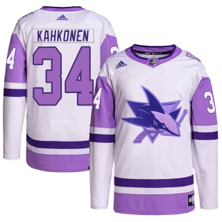 Men's Kaapo Kahkonen San Jose Sharks Adidas Hockey Fights Cancer Primegreen Jersey - Authentic White/Purple