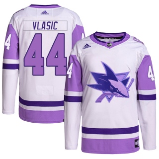 Men's Marc-Edouard Vlasic San Jose Sharks Adidas Hockey Fights Cancer Primegreen Jersey - Authentic White/Purple