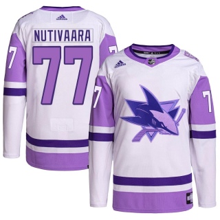Men's Markus Nutivaara San Jose Sharks Adidas Hockey Fights Cancer Primegreen Jersey - Authentic White/Purple
