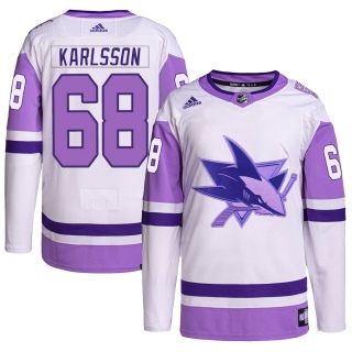 Men's Melker Karlsson San Jose Sharks Adidas Hockey Fights Cancer Primegreen Jersey - Authentic White/Purple