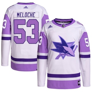 Men's Nicolas Meloche San Jose Sharks Adidas Hockey Fights Cancer Primegreen Jersey - Authentic White/Purple