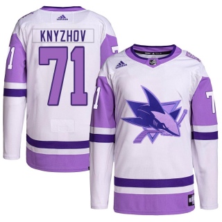 Men's Nikolai Knyzhov San Jose Sharks Adidas Hockey Fights Cancer Primegreen Jersey - Authentic White/Purple