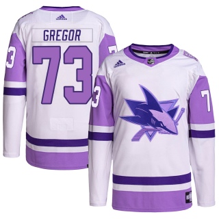 Men's Noah Gregor San Jose Sharks Adidas Hockey Fights Cancer Primegreen Jersey - Authentic White/Purple