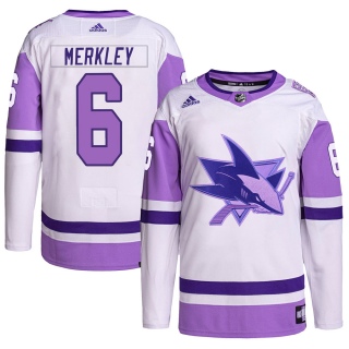 Men's Ryan Merkley San Jose Sharks Adidas Hockey Fights Cancer Primegreen Jersey - Authentic White/Purple