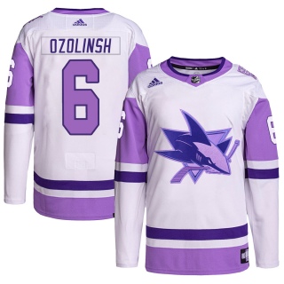 Men's Sandis Ozolinsh San Jose Sharks Adidas Hockey Fights Cancer Primegreen Jersey - Authentic White/Purple