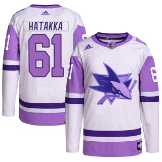 Men's Santeri Hatakka San Jose Sharks Adidas Hockey Fights Cancer Primegreen Jersey - Authentic White/Purple
