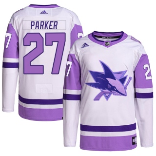 Men's Scott Parker San Jose Sharks Adidas Hockey Fights Cancer Primegreen Jersey - Authentic White/Purple