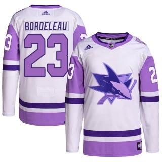 Men's Thomas Bordeleau San Jose Sharks Adidas Hockey Fights Cancer Primegreen Jersey - Authentic White/Purple