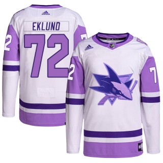 Men's William Eklund San Jose Sharks Adidas Hockey Fights Cancer Primegreen Jersey - Authentic White/Purple