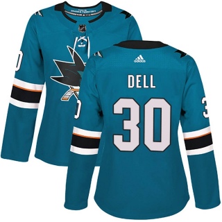 Women's Aaron Dell San Jose Sharks Adidas Home Jersey - Authentic Teal