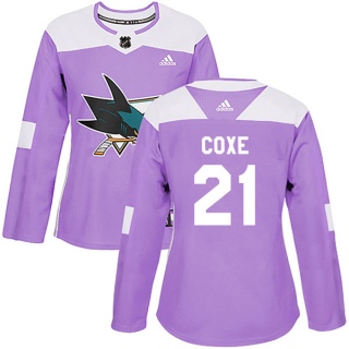 Women's Craig Coxe San Jose Sharks Adidas Hockey Fights Cancer Jersey - Authentic Purple