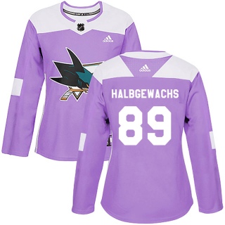 Women's Jayden Halbgewachs San Jose Sharks Adidas Hockey Fights Cancer Jersey - Authentic Purple