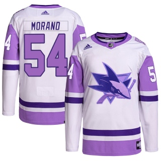 Youth Antoine Morand San Jose Sharks Adidas Hockey Fights Cancer Primegreen Jersey - Authentic White/Purple