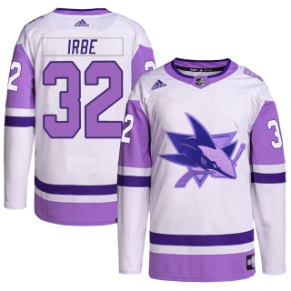 Youth Arturs Irbe San Jose Sharks Adidas Hockey Fights Cancer Primegreen Jersey - Authentic White/Purple