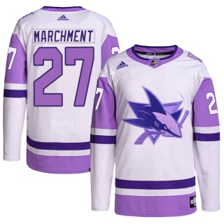 Youth Bryan Marchment San Jose Sharks Adidas Hockey Fights Cancer Primegreen Jersey - Authentic White/Purple