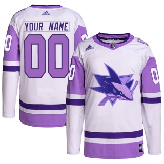 Youth Custom San Jose Sharks Adidas Custom Hockey Fights Cancer Primegreen Jersey - Authentic White/Purple