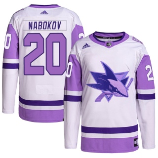 Youth Evgeni Nabokov San Jose Sharks Adidas Hockey Fights Cancer Primegreen Jersey - Authentic White/Purple
