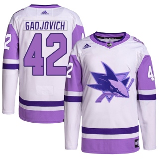 Youth Jonah Gadjovich San Jose Sharks Adidas Hockey Fights Cancer Primegreen Jersey - Authentic White/Purple