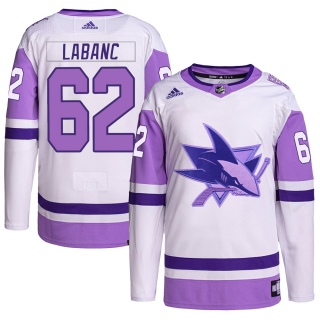 Youth Kevin Labanc San Jose Sharks Adidas Hockey Fights Cancer Primegreen Jersey - Authentic White/Purple