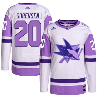 Youth Marcus Sorensen San Jose Sharks Adidas Hockey Fights Cancer Primegreen Jersey - Authentic White/Purple