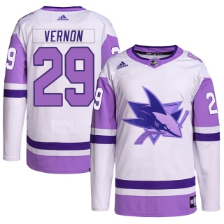 Youth Mike Vernon San Jose Sharks Adidas Hockey Fights Cancer Primegreen Jersey - Authentic White/Purple